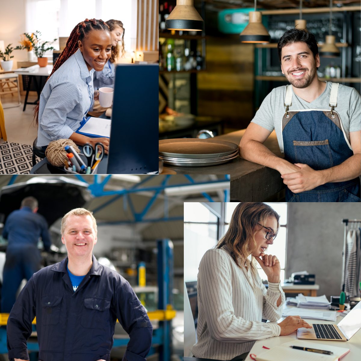 Four West Shore small business owners — an office team, a cafe owner, an auto shop owner, and a boutique owner at work.