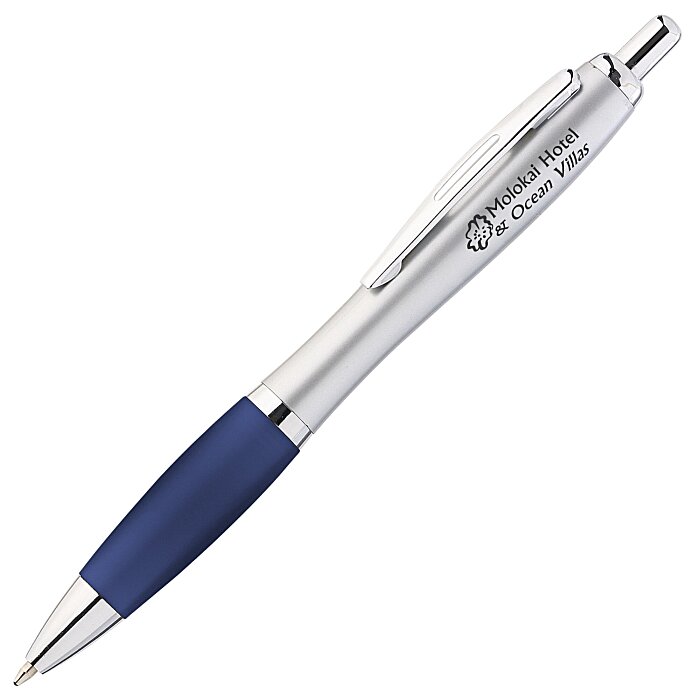 Curvy pen in silver with a navy grip and a sample logo