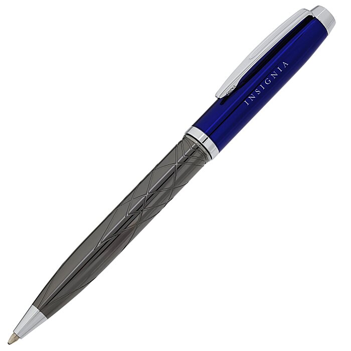 Guillox twist pen with a blue cap and an engraved sample logo