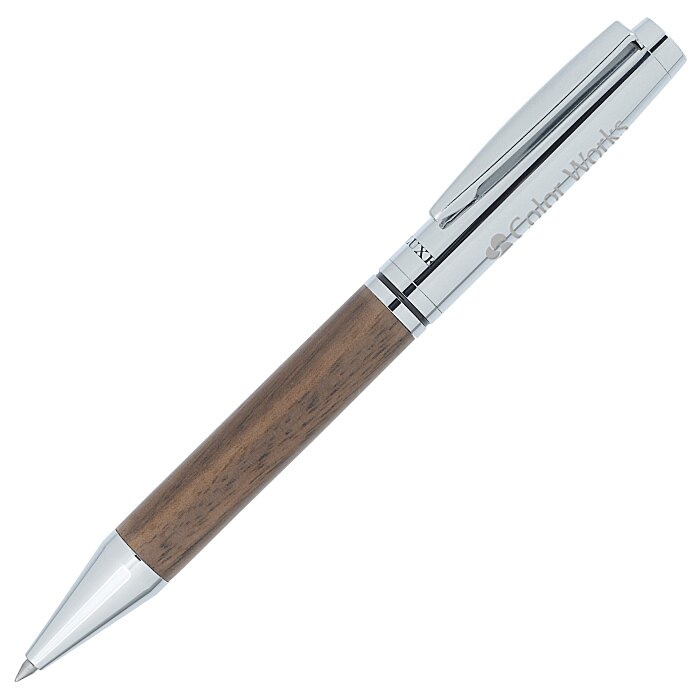 Luxe walnut and silver twist pen with an engraved sample logo