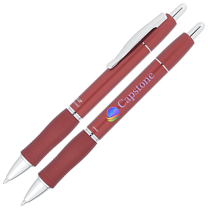 Two red Pilot G2 metal pens with a full-color sample logo