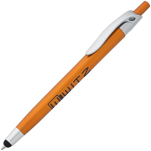 Simplistic stylus pen in orange with a sample logo