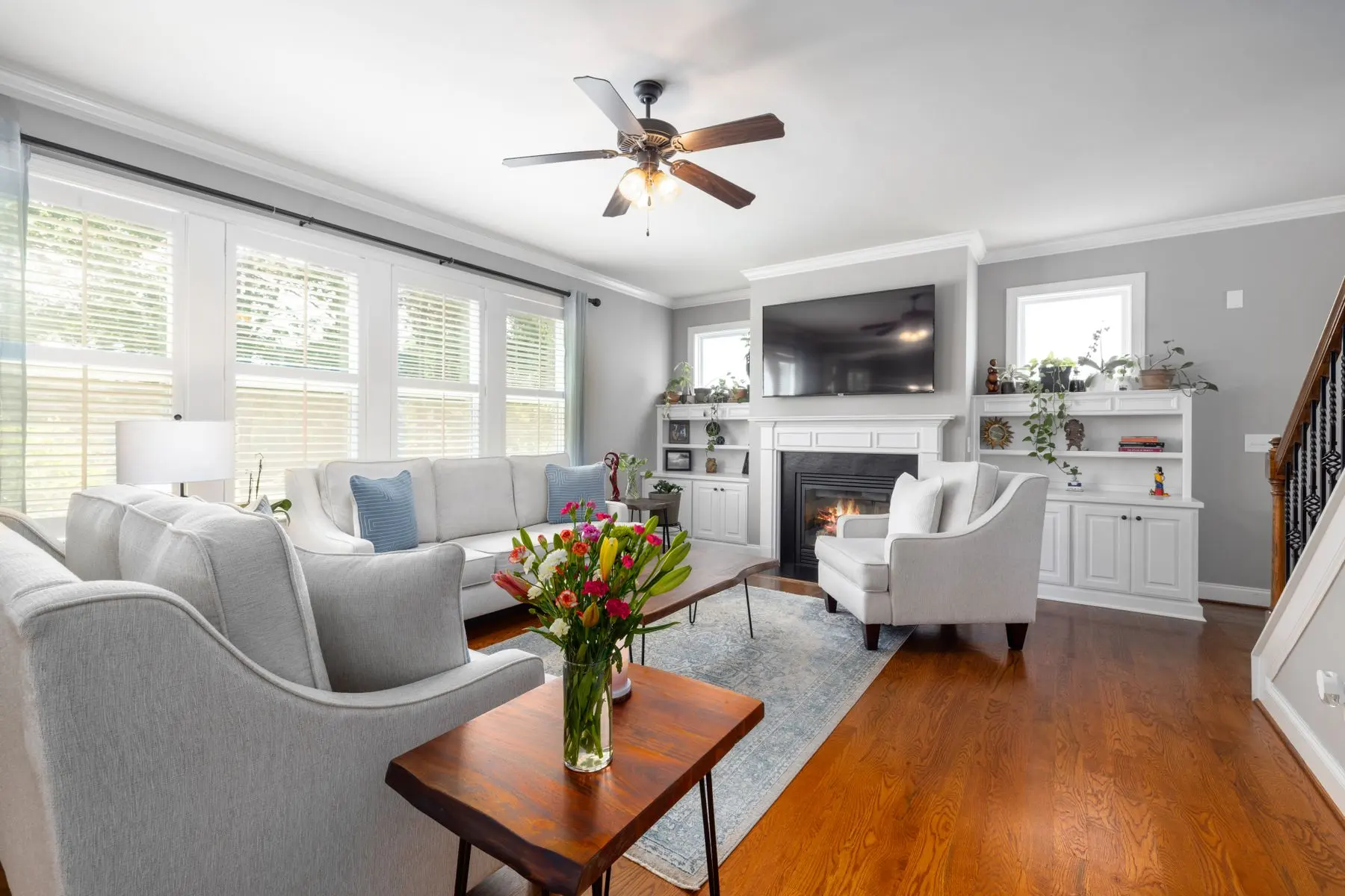 Family room with fireplace and built-ins