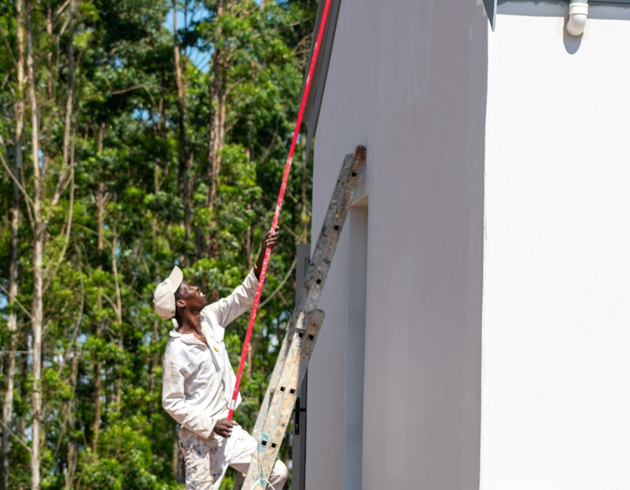 Painter on a ladder painting a house exterior