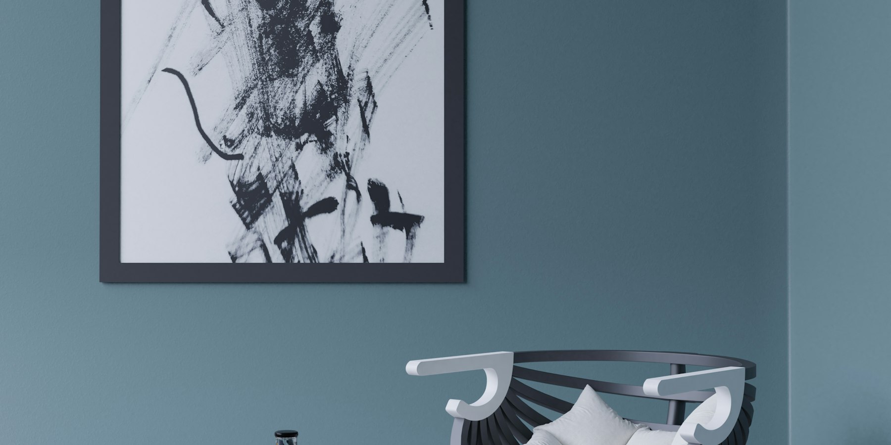 Living room with a deep teal accent wall, freshly painted