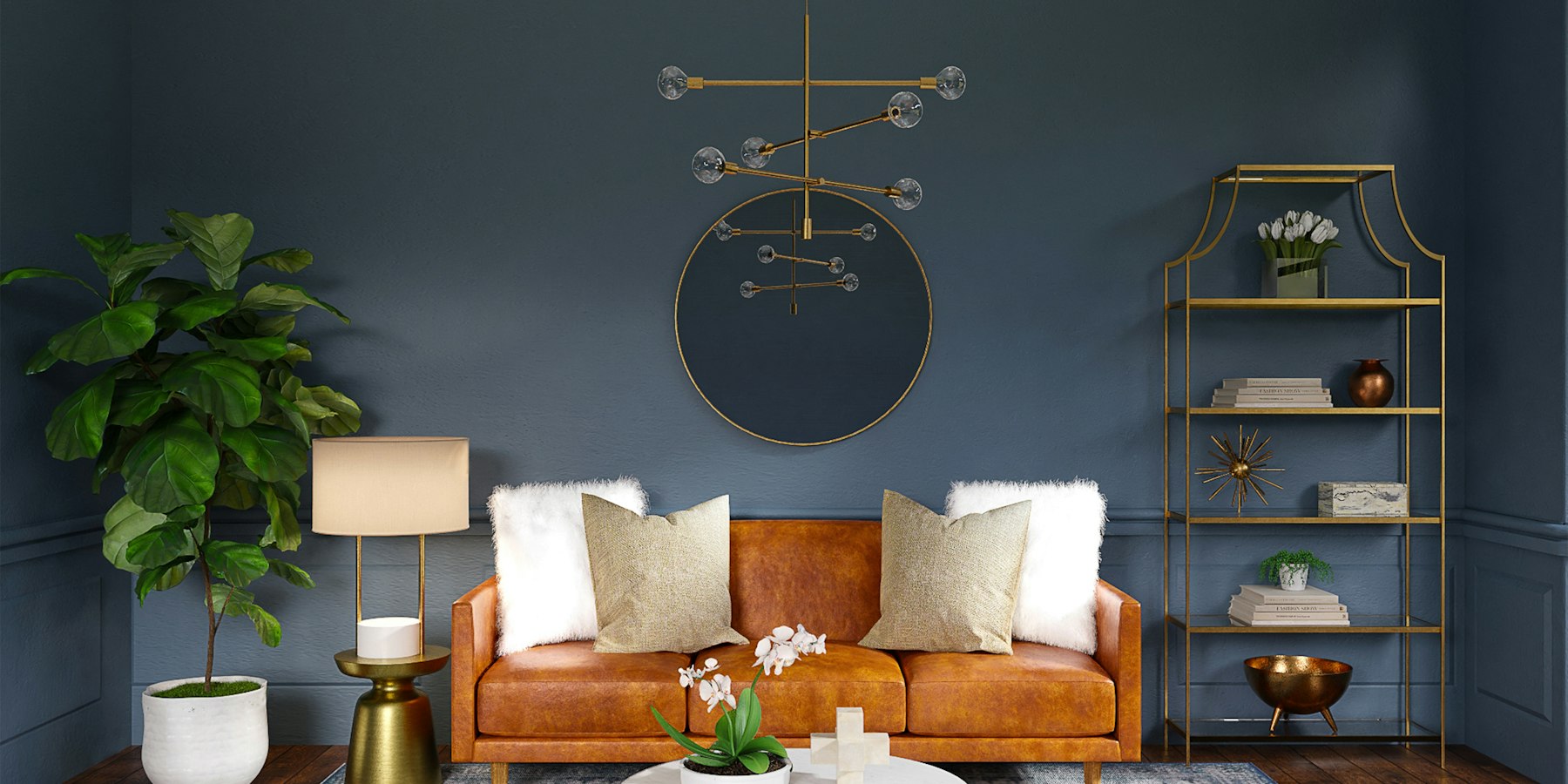 Living room with a moody navy accent wall and wainscoting