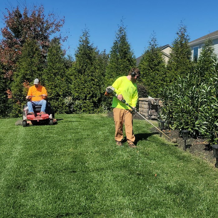 Crew mowing and trimming a lawn